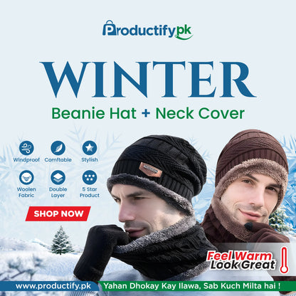 Winter Knitted Hat and Fleece Neck Warmer