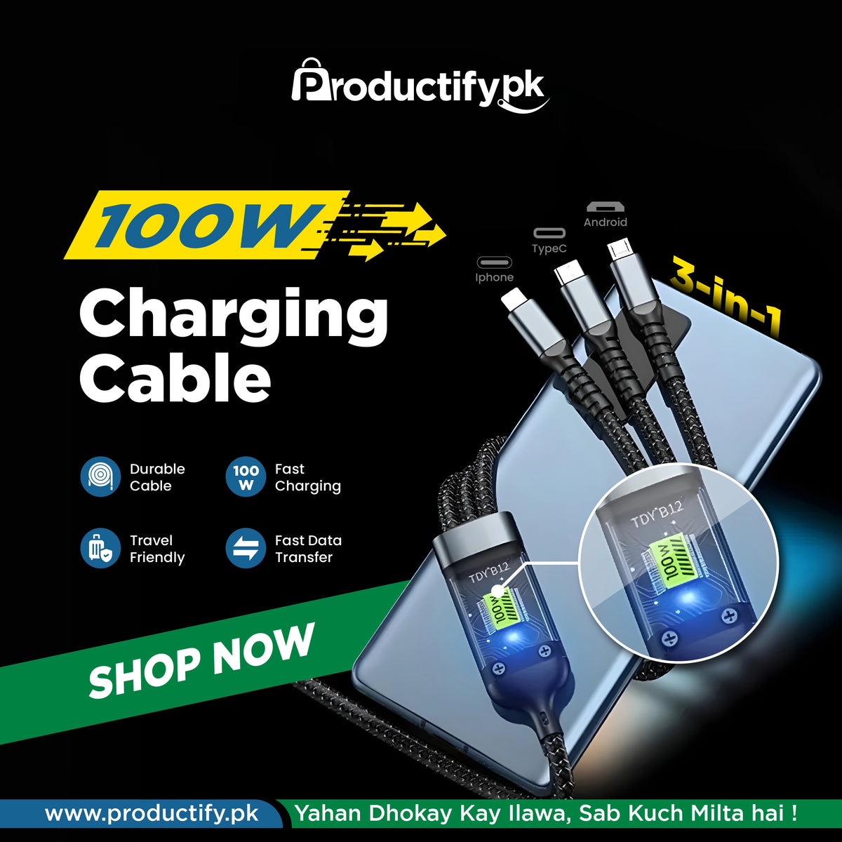 100W 3-in-1 Charging Cable