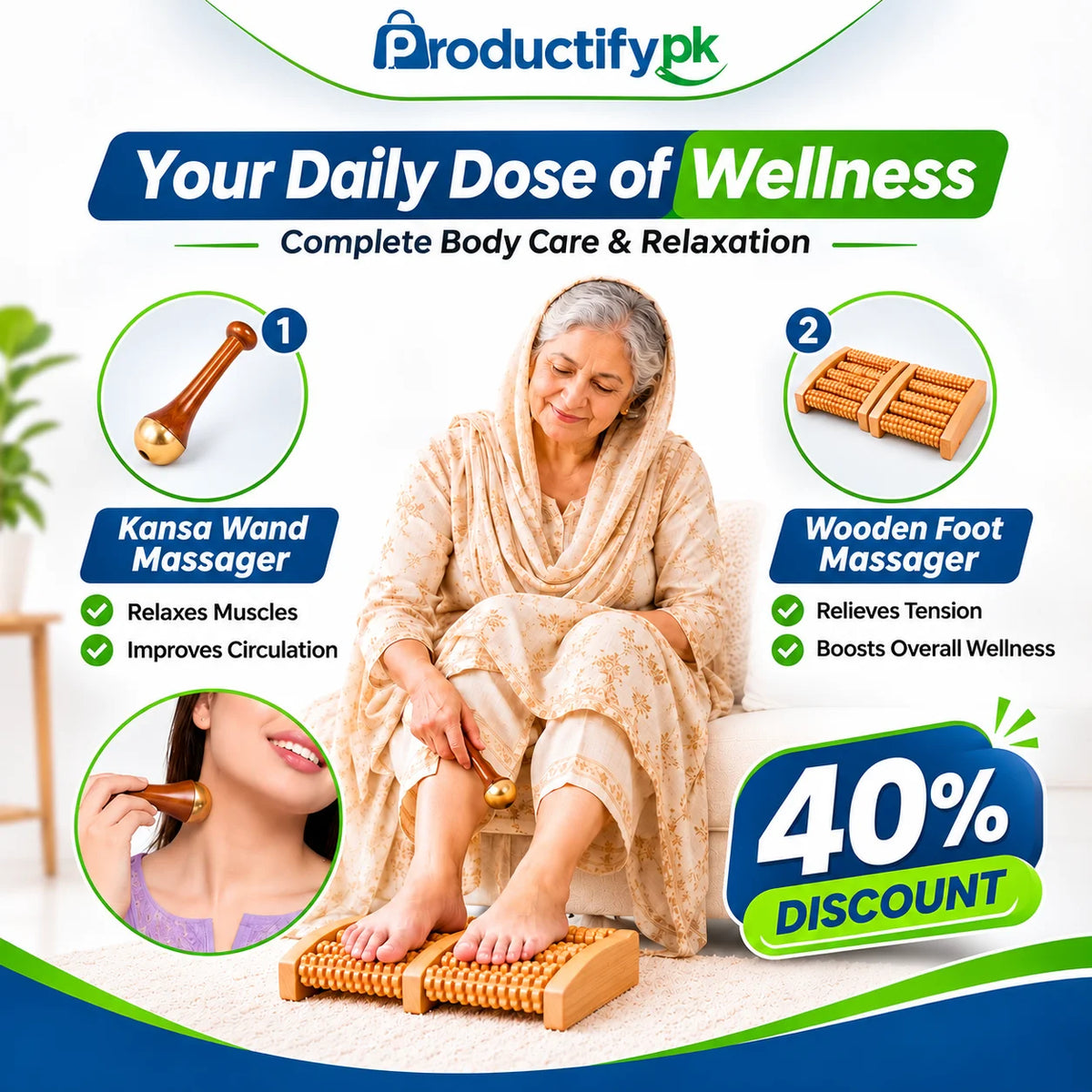 Wooden Wellness Combo - Kansa Wand & Foot Massager